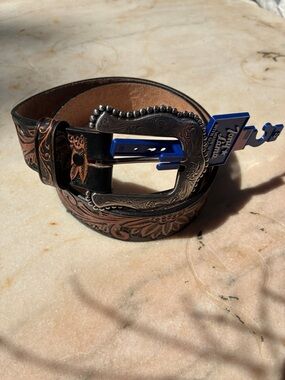 Tony Lama Brown Tooled Leather Western Belt with Decorative Buckle Sz S